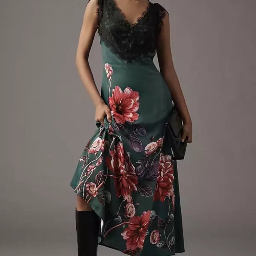 Anthropologie Sleeveless Lace-Bodice Slip Midi Dress